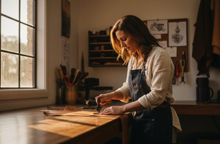 A dynamic, wide-angle shot capturing the essence of Lucas Victoria editorial photography brand stories, featuring a local artisan showcasing their craft in a sun-drenched workshop, with dramatic natural light highlighting their focused expression and the intricate details of their work, conveying passion and authenticity.
