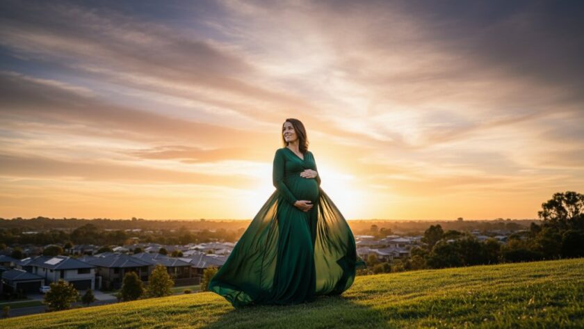 An elegant expectant mother, in a flowing amber gown, bathed in the soft glow of a golden hour sunset over a tranquil, modern park in Lucas, Victoria, depicting a Lucas Victoria elegant maternity photoshoot.