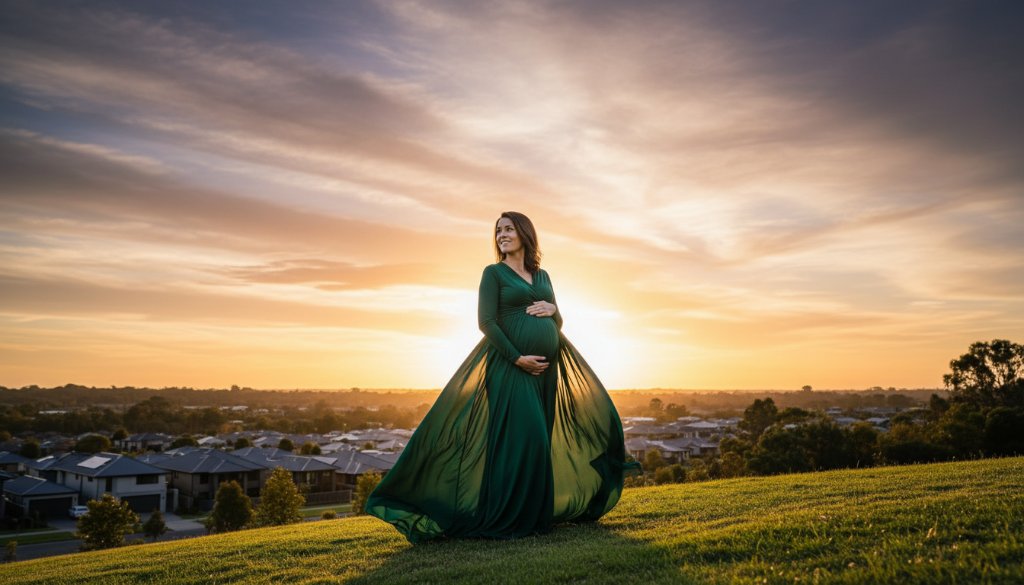 An elegant expectant mother, in a flowing amber gown, bathed in the soft glow of a golden hour sunset over a tranquil, modern park in Lucas, Victoria, depicting a Lucas Victoria elegant maternity photoshoot.