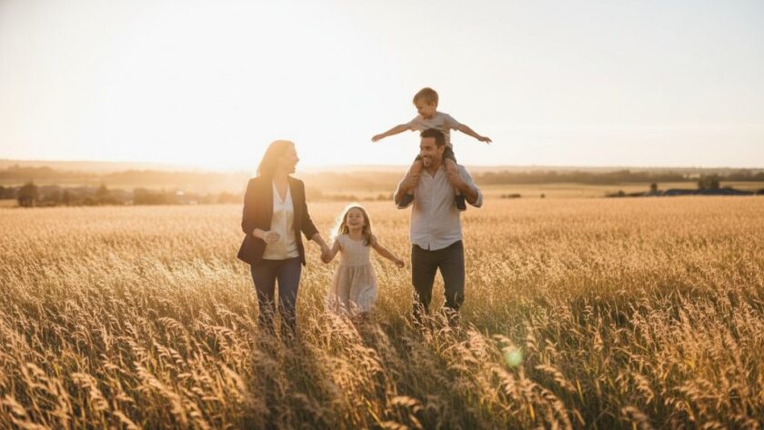 An emotional wide-angle shot of a family (parents and two young children) laughing joyfully as they run through a field of golden grass during sunset in Lucas, Victoria, with a Lucas Victoria family photographer capturing genuine moments, dramatic lens flare, and warm, cinematic tones.