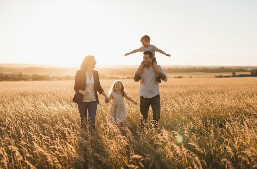 An emotional wide-angle shot of a family (parents and two young children) laughing joyfully as they run through a field of golden grass during sunset in Lucas, Victoria, with a Lucas Victoria family photographer capturing genuine moments, dramatic lens flare, and warm, cinematic tones.