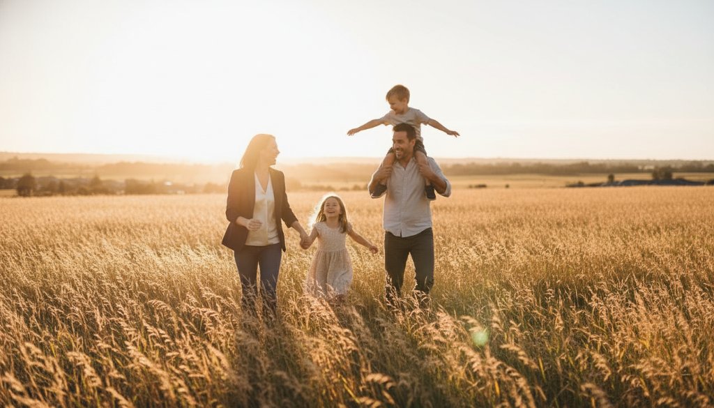 An emotional wide-angle shot of a family (parents and two young children) laughing joyfully as they run through a field of golden grass during sunset in Lucas, Victoria, with a Lucas Victoria family photographer capturing genuine moments, dramatic lens flare, and warm, cinematic tones.