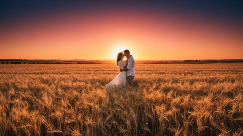 A dramatic Lucas Victoria fine art photography unique portraits featuring a silhouetted figure standing atop a golden hill at sunset, capturing an epic moment of connection with nature, professionally color-graded and cinematic.