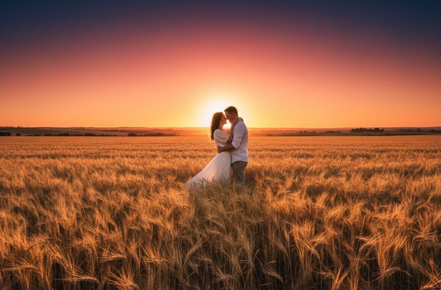 A dramatic Lucas Victoria fine art photography unique portraits featuring a silhouetted figure standing atop a golden hill at sunset, capturing an epic moment of connection with nature, professionally color-graded and cinematic.