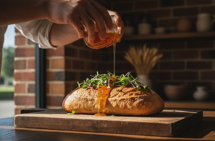 A dramatic, professionally colour-graded photograph showcasing the delicate craftsmanship involved in Lucas Victoria food photography for artisan producers, featuring a perfectly plated dish with artisanal bread and local produce bathed in warm, golden hour light, captured in a rustic Lucas, Victoria setting.