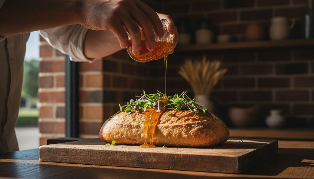 A dramatic, professionally colour-graded photograph showcasing the delicate craftsmanship involved in Lucas Victoria food photography for artisan producers, featuring a perfectly plated dish with artisanal bread and local produce bathed in warm, golden hour light, captured in a rustic Lucas, Victoria setting.