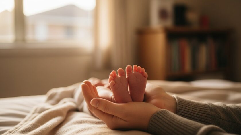 A heartwarming, softly lit close-up of a newborn baby's tiny hand gently gripping a parent's finger, symbolising the tender bond in Lucas Victoria gentle newborn photography, with a blurred, warm background evoking a peaceful home setting.
