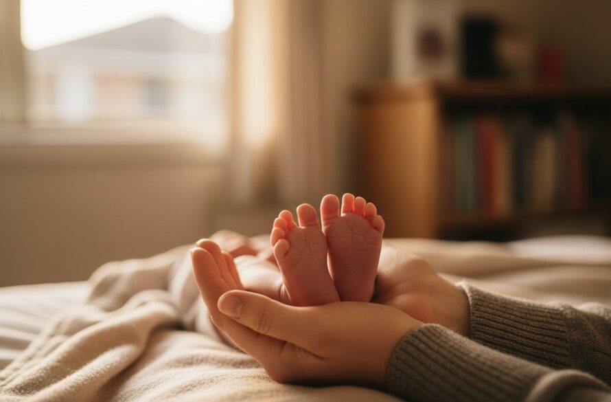 A heartwarming, softly lit close-up of a newborn baby's tiny hand gently gripping a parent's finger, symbolising the tender bond in Lucas Victoria gentle newborn photography, with a blurred, warm background evoking a peaceful home setting.