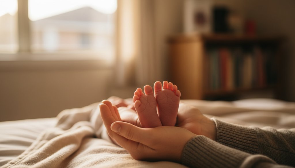 A heartwarming, softly lit close-up of a newborn baby's tiny hand gently gripping a parent's finger, symbolising the tender bond in Lucas Victoria gentle newborn photography, with a blurred, warm background evoking a peaceful home setting.