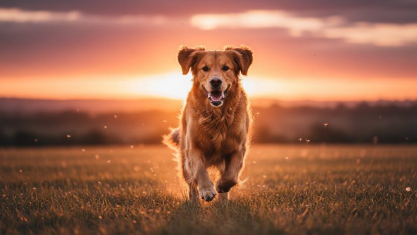 An energetic golden retriever mid-leap, playfully catching a ball in a sun-drenched field in Lucas, Victoria, showcasing the joy of natural light pet photography. The image captures an epic, candid moment of pure canine bliss.