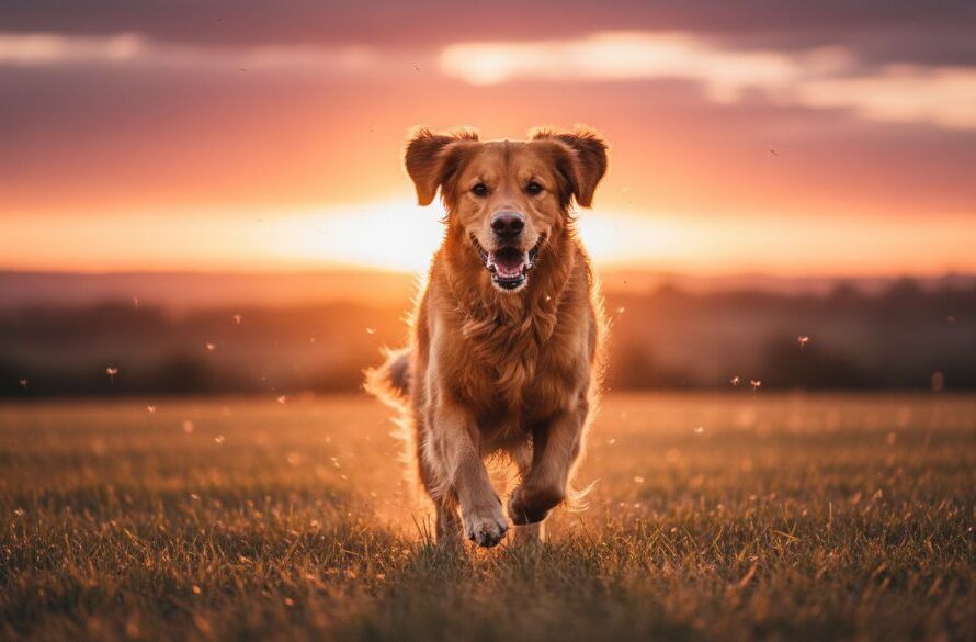 An energetic golden retriever mid-leap, playfully catching a ball in a sun-drenched field in Lucas, Victoria, showcasing the joy of natural light pet photography. The image captures an epic, candid moment of pure canine bliss.