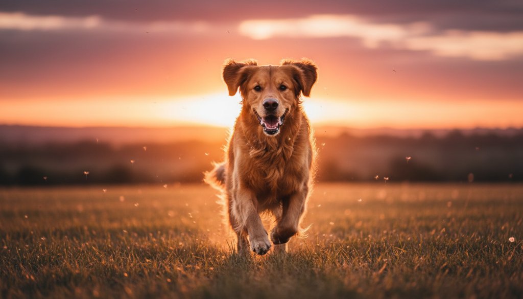 An energetic golden retriever mid-leap, playfully catching a ball in a sun-drenched field in Lucas, Victoria, showcasing the joy of natural light pet photography. The image captures an epic, candid moment of pure canine bliss.