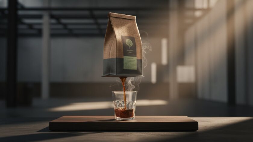 Dramatic, cinematic shot of a new artisanal coffee product being unveiled with a creative light setup in a modern Lucas studio, showcasing the Lucas Victoria premium product launch photography in an epic moment of brand reveal.