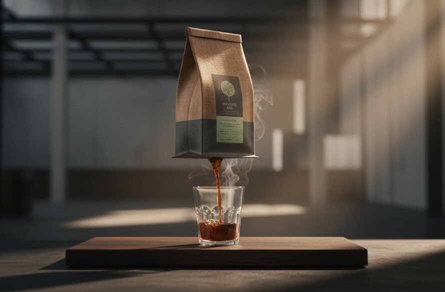 Dramatic, cinematic shot of a new artisanal coffee product being unveiled with a creative light setup in a modern Lucas studio, showcasing the Lucas Victoria premium product launch photography in an epic moment of brand reveal.