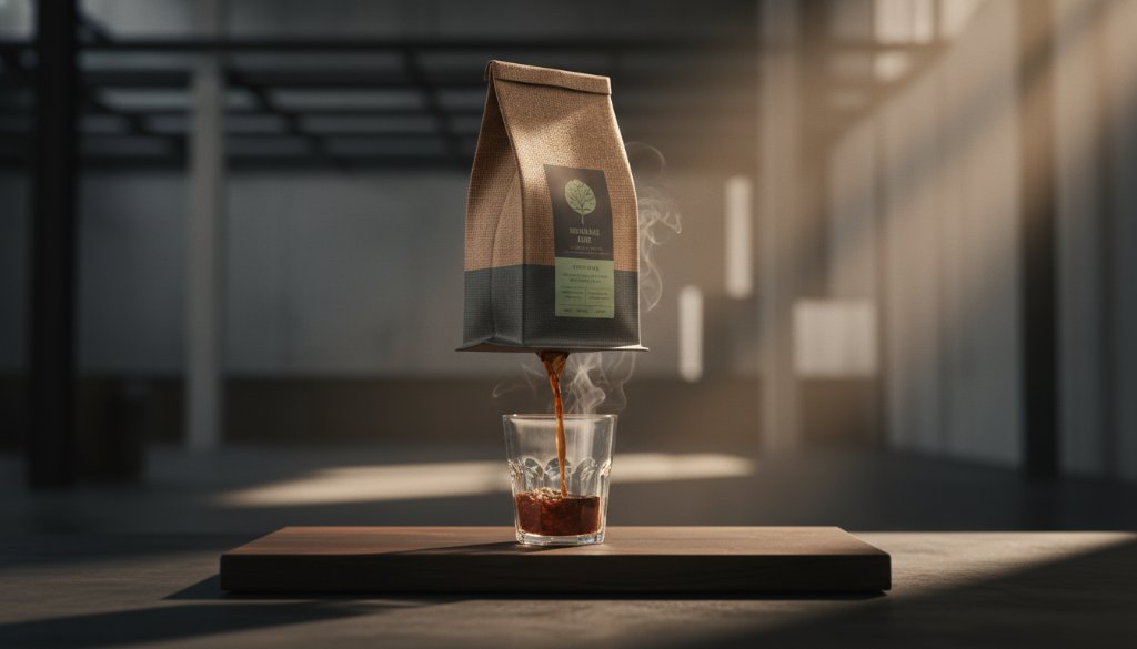 Dramatic, cinematic shot of a new artisanal coffee product being unveiled with a creative light setup in a modern Lucas studio, showcasing the Lucas Victoria premium product launch photography in an epic moment of brand reveal.
