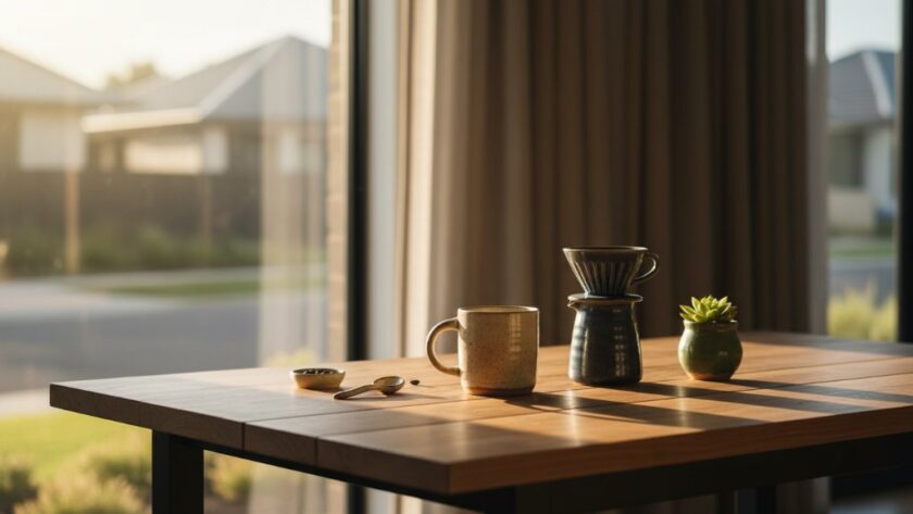 Dramatic professional product photography of artisan-crafted items against a modern, sunlit backdrop in Lucas, Victoria, highlighting intricate details with cinematic flair and warm colour grading. Focus on a single hero product, surrounded by complementary lifestyle elements, bathed in golden hour light.