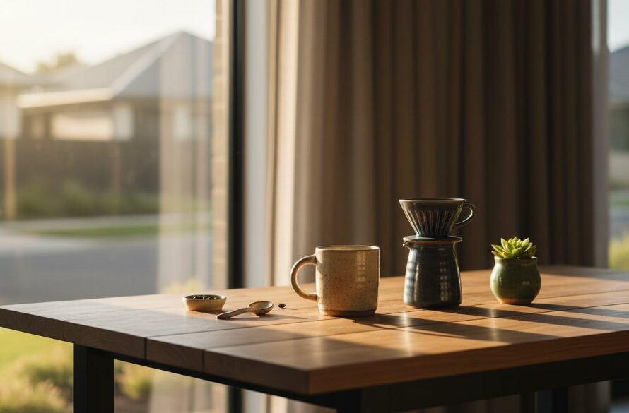 Dramatic professional product photography of artisan-crafted items against a modern, sunlit backdrop in Lucas, Victoria, highlighting intricate details with cinematic flair and warm colour grading. Focus on a single hero product, surrounded by complementary lifestyle elements, bathed in golden hour light.