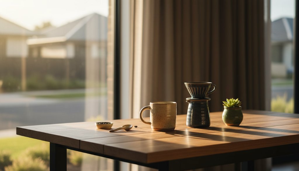 Dramatic professional product photography of artisan-crafted items against a modern, sunlit backdrop in Lucas, Victoria, highlighting intricate details with cinematic flair and warm colour grading. Focus on a single hero product, surrounded by complementary lifestyle elements, bathed in golden hour light.