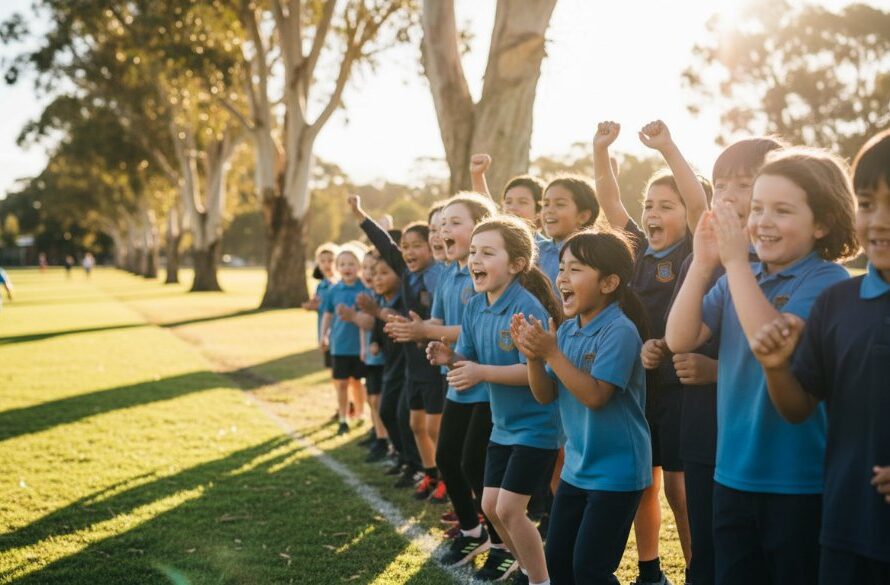 Joyful group of primary school students from Lucas, Victoria, celebrating a sports day victory on a sunny school oval, expertly captured through Lucas Victoria school photography capturing authentic student moments, with golden hour sunlight creating dramatic backlighting and a sense of triumph.
