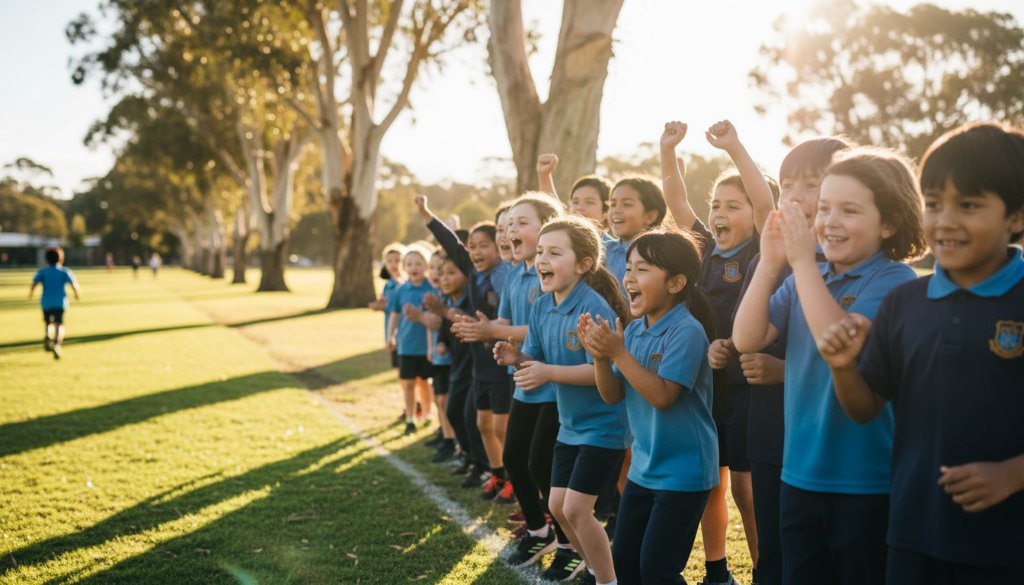 Joyful group of primary school students from Lucas, Victoria, celebrating a sports day victory on a sunny school oval, expertly captured through Lucas Victoria school photography capturing authentic student moments, with golden hour sunlight creating dramatic backlighting and a sense of triumph.
