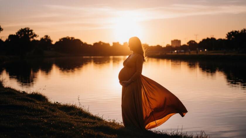 A pregnant woman, bathed in the soft, golden light of sunset over the Maribyrnong River in Kingsville, Victoria, embodying the essence of luminous Kingsville maternity photography Victoria, her silhouette dramatically highlighted against the water, evoking a sense of calm and anticipation.