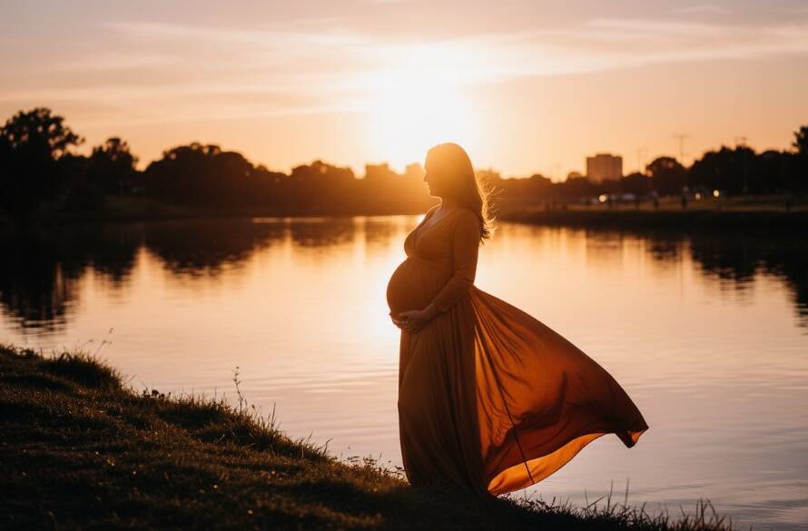 A pregnant woman, bathed in the soft, golden light of sunset over the Maribyrnong River in Kingsville, Victoria, embodying the essence of luminous Kingsville maternity photography Victoria, her silhouette dramatically highlighted against the water, evoking a sense of calm and anticipation.