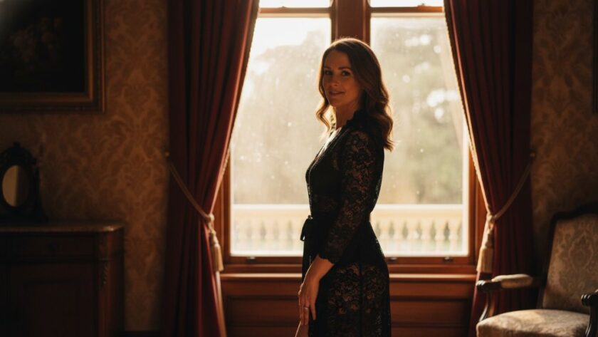 A stunning, soft-focused portrait of a woman bathed in dramatic natural light, evoking a luxurious boudoir photography experience in Eureka, Victoria. She looks confidently over her shoulder, a sheer fabric draped elegantly, showcasing an 'epic moment' of self-assured beauty.