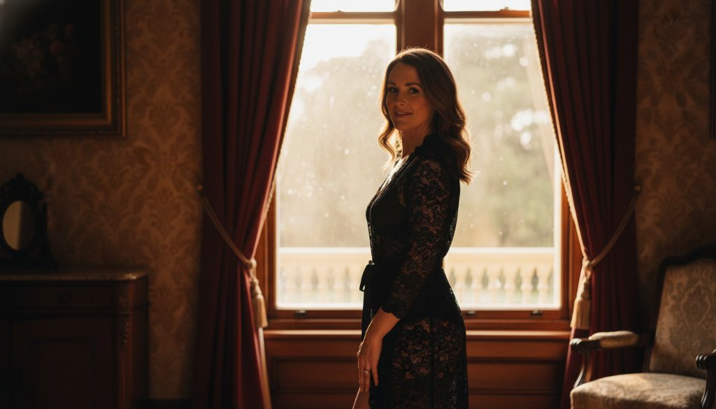 A stunning, soft-focused portrait of a woman bathed in dramatic natural light, evoking a luxurious boudoir photography experience in Eureka, Victoria. She looks confidently over her shoulder, a sheer fabric draped elegantly, showcasing an 'epic moment' of self-assured beauty.