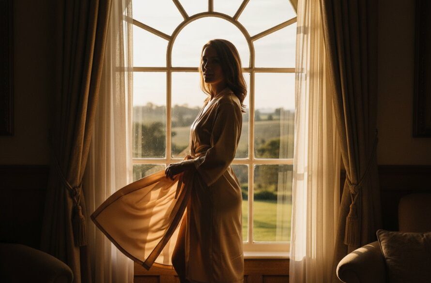 A woman exudes confidence in a beautiful, natural light setting, capturing a Luxurious Heathcote Boudoir Photography for Empowerment moment, with soft drapes and dramatic shadows highlighting her silhouette against a rustic Victorian backdrop.