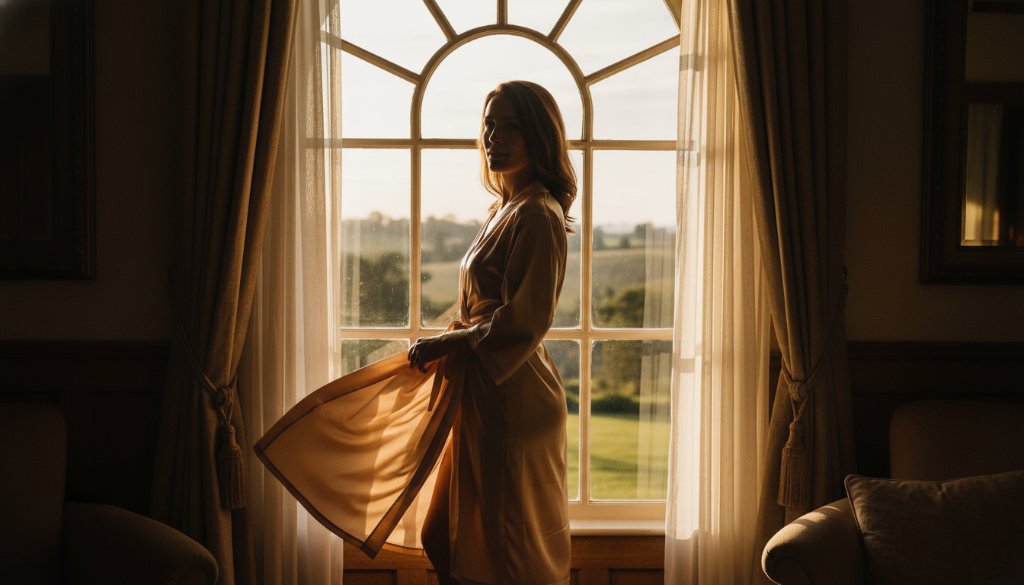 A woman exudes confidence in a beautiful, natural light setting, capturing a Luxurious Heathcote Boudoir Photography for Empowerment moment, with soft drapes and dramatic shadows highlighting her silhouette against a rustic Victorian backdrop.
