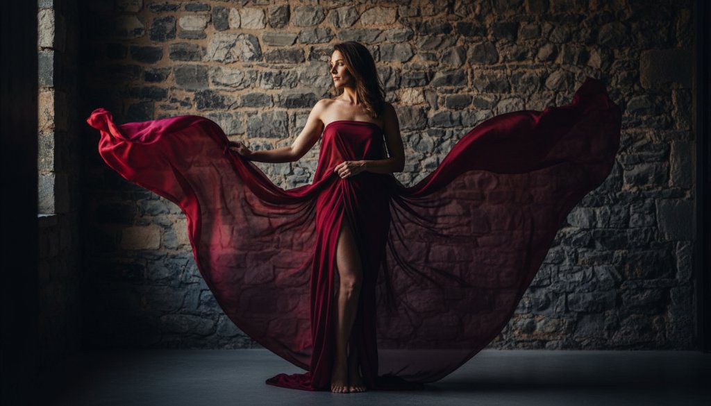 A stunning, dramatically lit 'epic moment' photograph capturing a woman's confident and serene pose during a luxurious Kyneton boudoir photography experience, showcasing her silhouette against a soft, glowing light, exuding empowerment and subtle sensuality, professionally colour-graded.