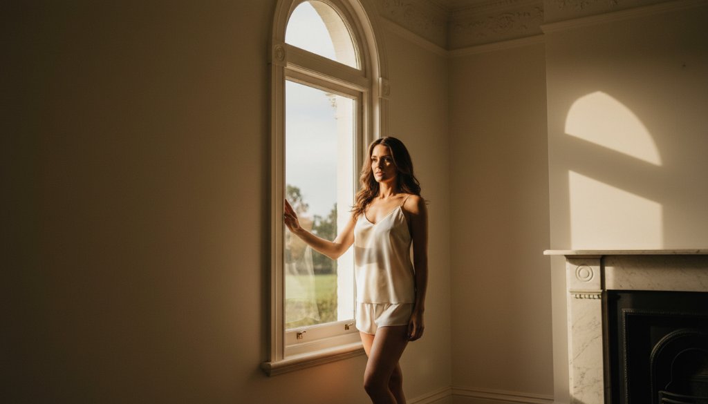 A stunning, dramatically lit portrait from a luxurious Maribyrnong boudoir photography experience, capturing a confident woman elegantly posing by a window with soft, natural light, emphasizing empowerment and grace.