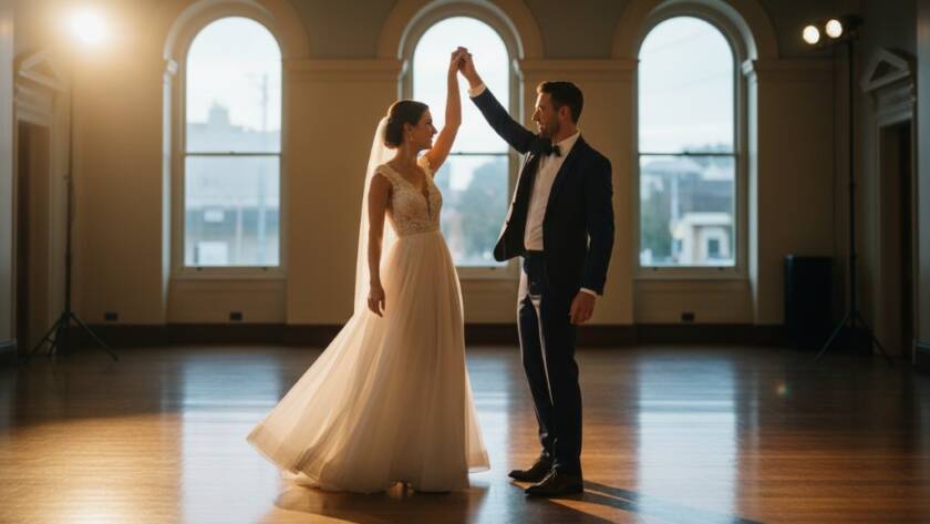 A dramatic, cinematic photograph of a newlywed couple sharing a genuine, heartfelt embrace under the golden hour light in a luxurious Armadale garden, capturing an epic moment with professional luxury Armadale wedding photography.