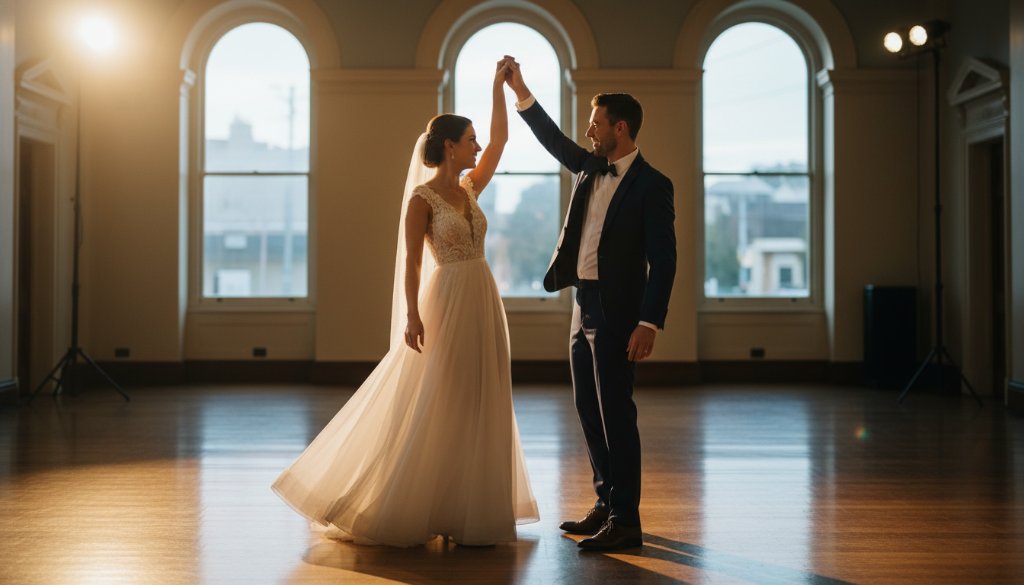 A dramatic, cinematic photograph of a newlywed couple sharing a genuine, heartfelt embrace under the golden hour light in a luxurious Armadale garden, capturing an epic moment with professional luxury Armadale wedding photography.