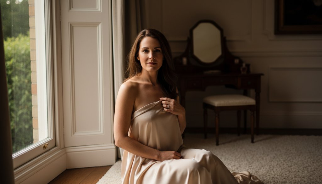 An epic moment captured in a Luxury Boudoir Photography Experience Beaconsfield Victoria, featuring a confident woman draped in soft fabric, bathed in dramatic golden hour light from a large window, evoking a sense of powerful elegance.