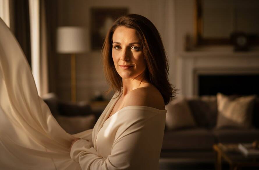 A stunning, professionally lit portrait capturing a woman's confident and radiant gaze during a luxury boudoir photography experience in Box Hill North, featuring soft, dramatic lighting from a window.