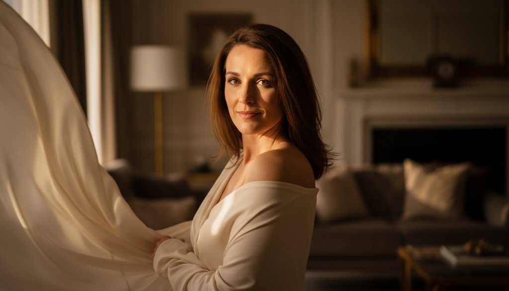 A stunning, professionally lit portrait capturing a woman's confident and radiant gaze during a luxury boudoir photography experience in Box Hill North, featuring soft, dramatic lighting from a window.