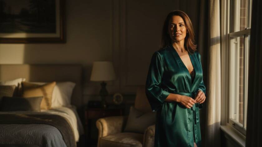 A gracefully posed woman in an elegant, flowing silk robe, captured in a dimly lit, luxurious bedroom, evoking a true luxury boudoir photography experience Wantirna with dramatic chiaroscuro lighting and warm, inviting tones, highlighting confidence and sensual beauty.