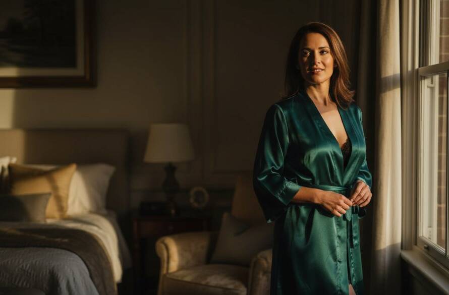 A gracefully posed woman in an elegant, flowing silk robe, captured in a dimly lit, luxurious bedroom, evoking a true luxury boudoir photography experience Wantirna with dramatic chiaroscuro lighting and warm, inviting tones, highlighting confidence and sensual beauty.