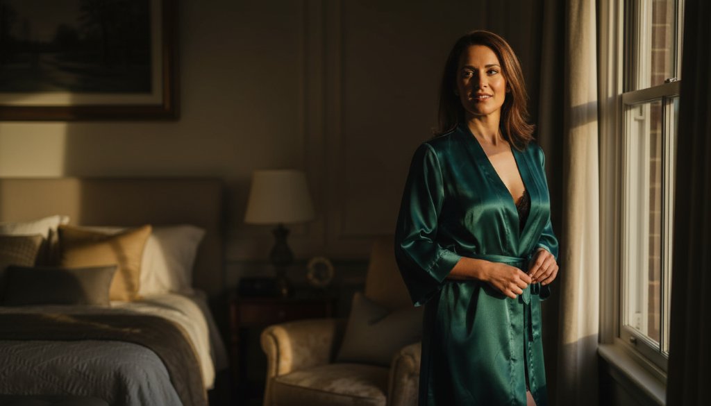 A gracefully posed woman in an elegant, flowing silk robe, captured in a dimly lit, luxurious bedroom, evoking a true luxury boudoir photography experience Wantirna with dramatic chiaroscuro lighting and warm, inviting tones, highlighting confidence and sensual beauty.
