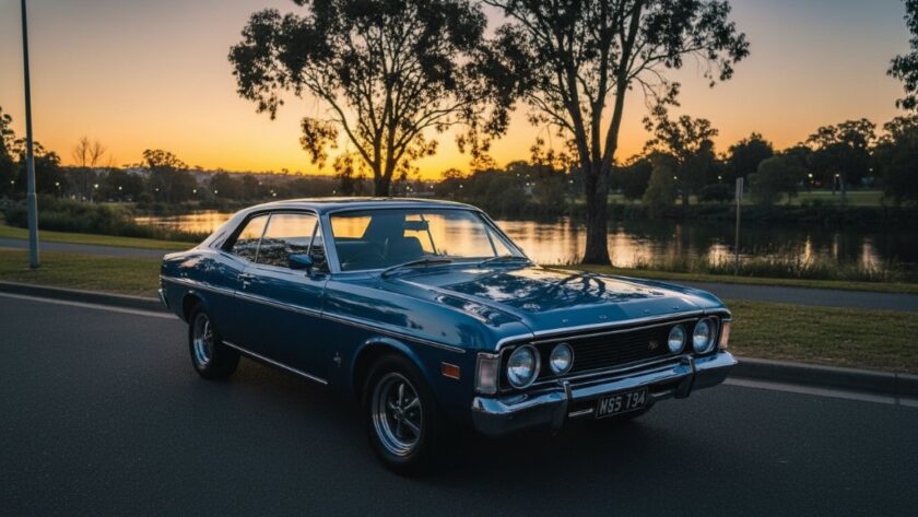 Dramatic twilight shot showcasing a sleek classic luxury car parked along the Barwon River in Belmont, Victoria, with golden hour light reflecting off its polished chrome, epitomizing luxury car photography Belmont Victoria.
