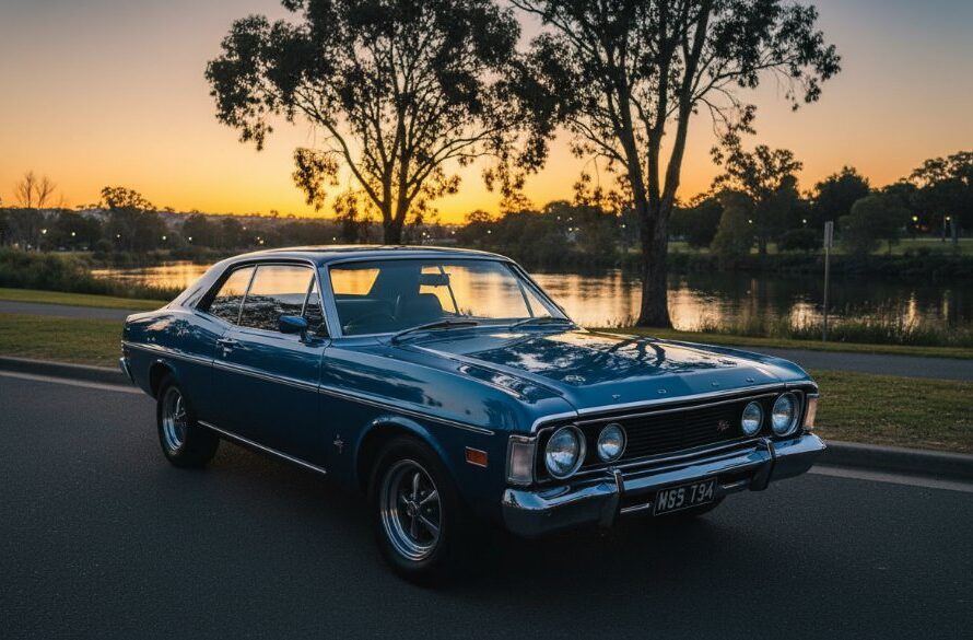 Dramatic twilight shot showcasing a sleek classic luxury car parked along the Barwon River in Belmont, Victoria, with golden hour light reflecting off its polished chrome, epitomizing luxury car photography Belmont Victoria.