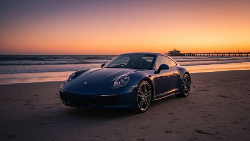 A dramatic, cinematic shot of a gleaming black luxury sports car, professionally captured against the vibrant hues of a sunset over the coastline in Bonbeach, Victoria, showcasing expert luxury car photography Bonbeach coastal roads Victoria.
