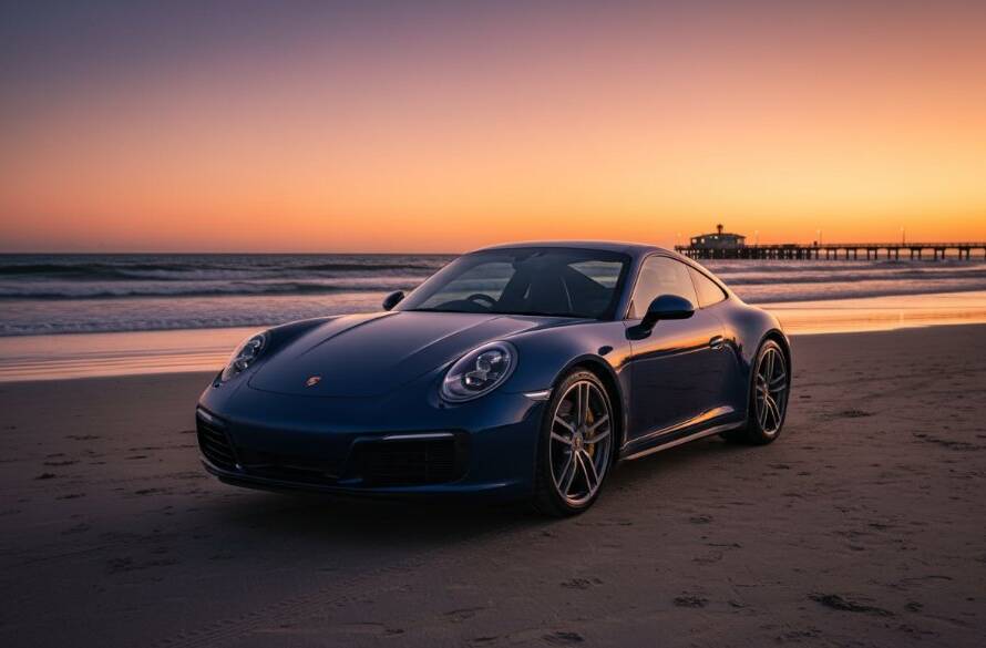 A dramatic, cinematic shot of a gleaming black luxury sports car, professionally captured against the vibrant hues of a sunset over the coastline in Bonbeach, Victoria, showcasing expert luxury car photography Bonbeach coastal roads Victoria.