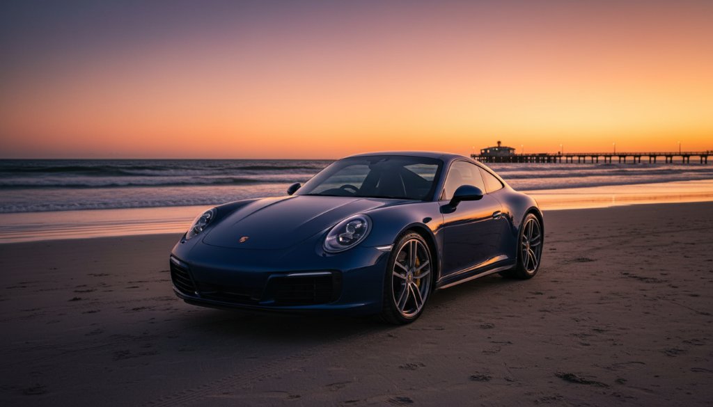 A dramatic, cinematic shot of a gleaming black luxury sports car, professionally captured against the vibrant hues of a sunset over the coastline in Bonbeach, Victoria, showcasing expert luxury car photography Bonbeach coastal roads Victoria.