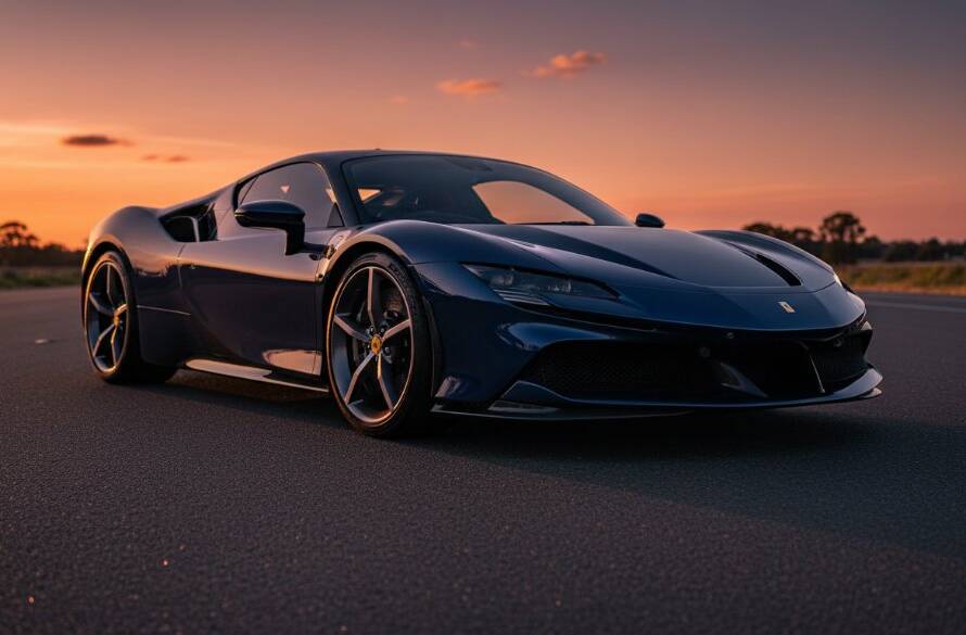 Epic moment photograph of a sleek luxury sports car gleaming under the dramatic golden hour light in Chelsea Heights, Victoria, showcasing the stunning detail and power of the vehicle with professional luxury car photography Chelsea Heights golden hour techniques.