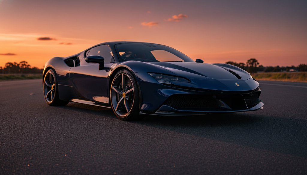 Epic moment photograph of a sleek luxury sports car gleaming under the dramatic golden hour light in Chelsea Heights, Victoria, showcasing the stunning detail and power of the vehicle with professional luxury car photography Chelsea Heights golden hour techniques.