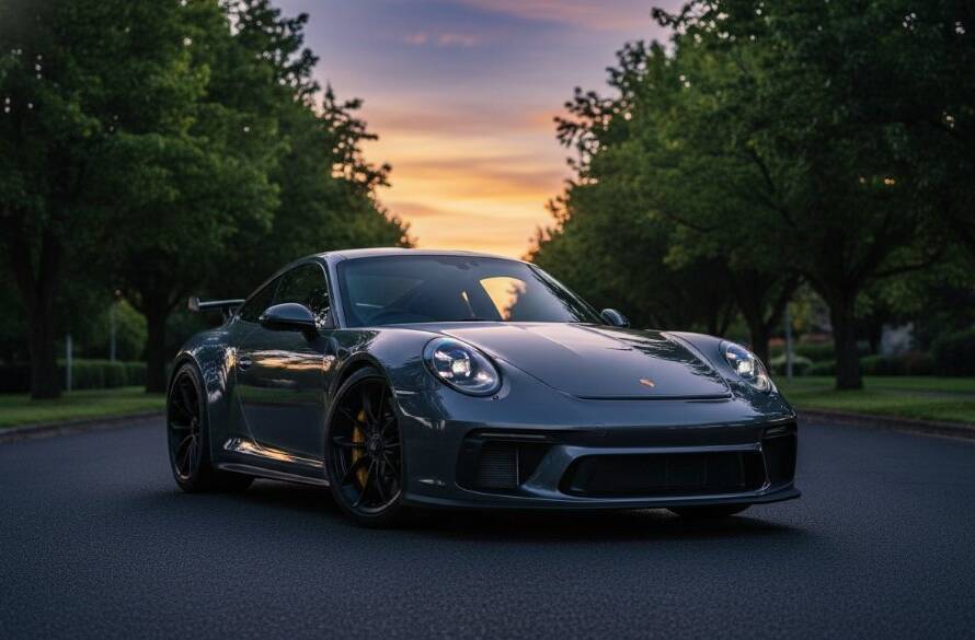 An epic moment of a luxury sports car, illuminated by golden hour twilight on a tree-lined boulevard in Croydon Hills, Victoria, showcasing professional Luxury Car Photography Croydon Hills Boulevard Twilight with dramatic flair.