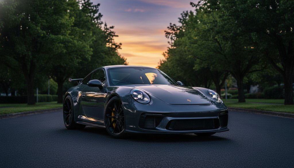 An epic moment of a luxury sports car, illuminated by golden hour twilight on a tree-lined boulevard in Croydon Hills, Victoria, showcasing professional Luxury Car Photography Croydon Hills Boulevard Twilight with dramatic flair.