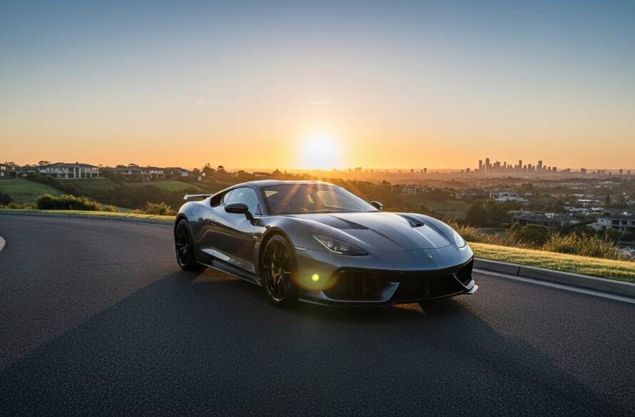 An epic moment captured by a luxury car photography Doncaster East specialist, featuring a sleek, modern sports car parked majestically at sunrise overlooking the Doncaster East skyline, with dramatic lens flare and professional colour grading.